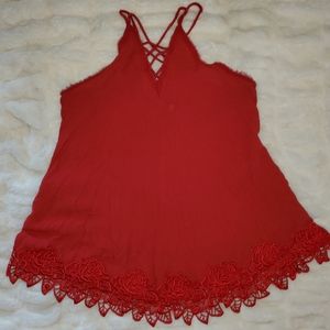 Small, Free People Red Tank, Floral trim, strap front/back